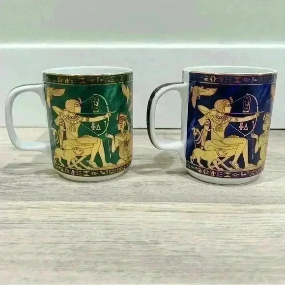 Egyptian Sculpture Coffee Mug Fine Royal Porcelain Set Of 2 Cups Gold Green Blue - Picture 3 of 7